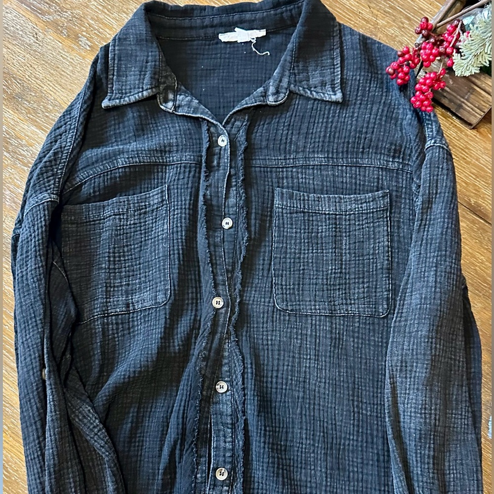 Seen and Sewn 
Nice looking button down, washed terry knit fabric .